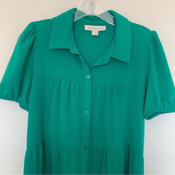 Monteau Emerald Green Tiered Collared Midi Dress Medium Button Pockets - Picture 3 of 11